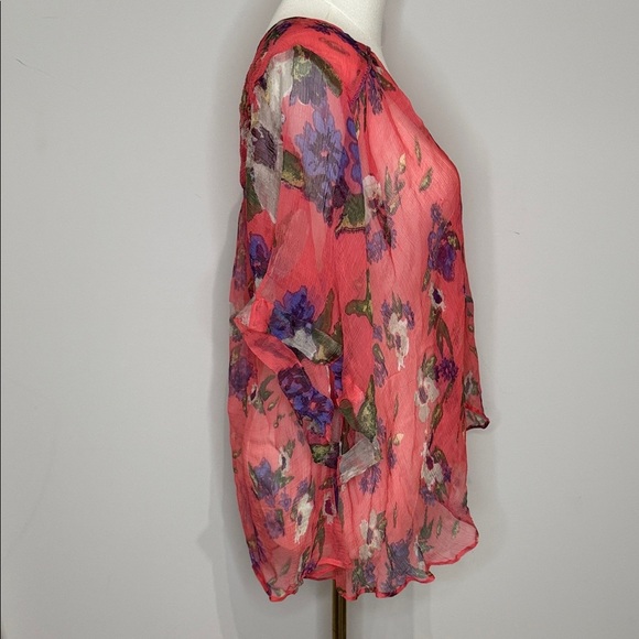 Free People Size SP Vibrant Floral Sheer Blouse V-neck 100% Viscose - Picture 6 of 8